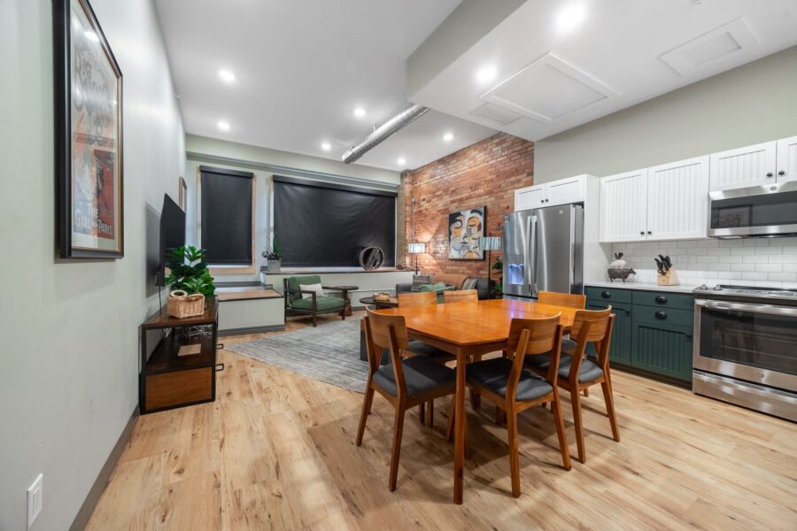 Duluth Rental Suite 101 - exposed brick, kitchen, subway tile, artwork