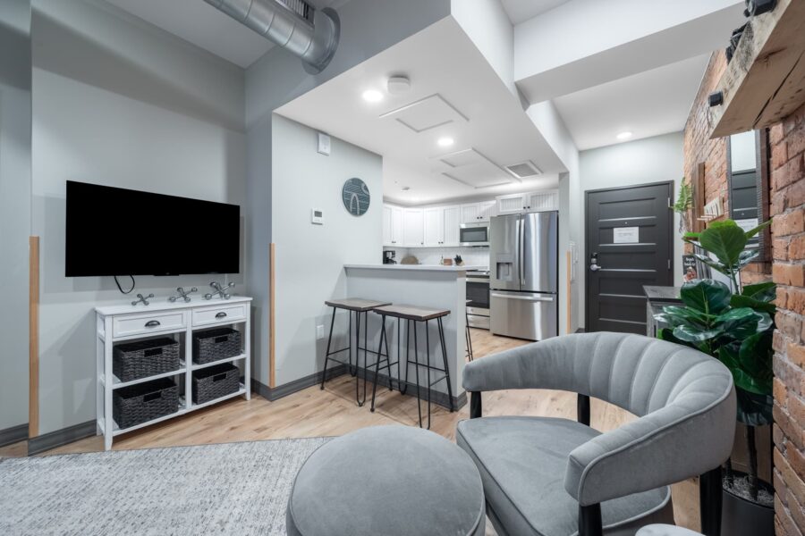 Duluth Rental Suite 201 - Living area, large television, furniture, breakfast bar