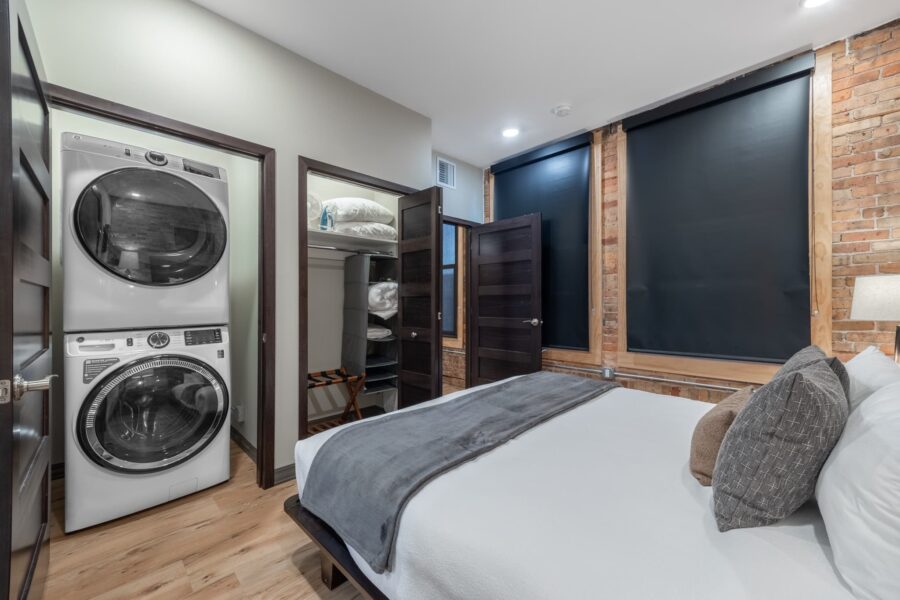 Duluth Rental Suite 201 - Bedroom with washer and dryer in closet