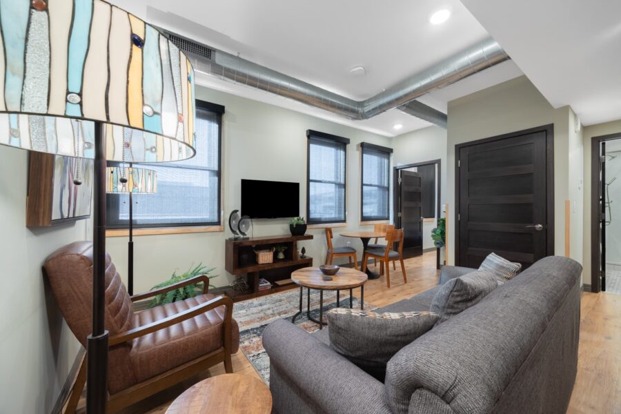 Duluth Rental Suite 202 - Living area with decorative lighting