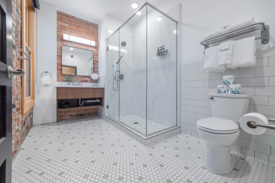 Duluth Rental Suite 203 - full tiled bathroom, glass shower