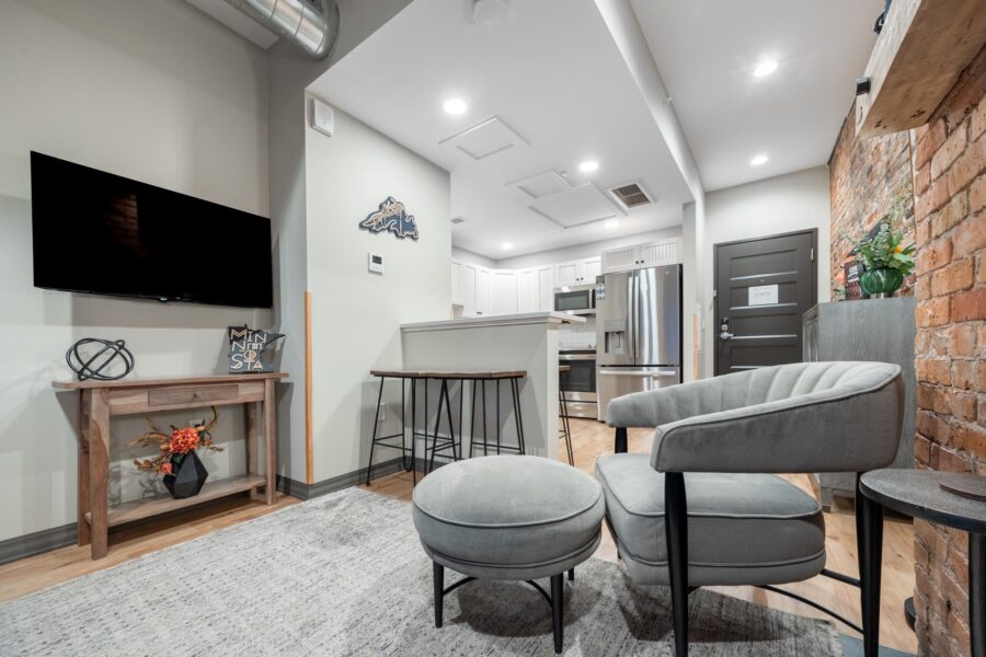 Duluth Rental Suite 301 - Living area with rug, furniture and big-screen TV