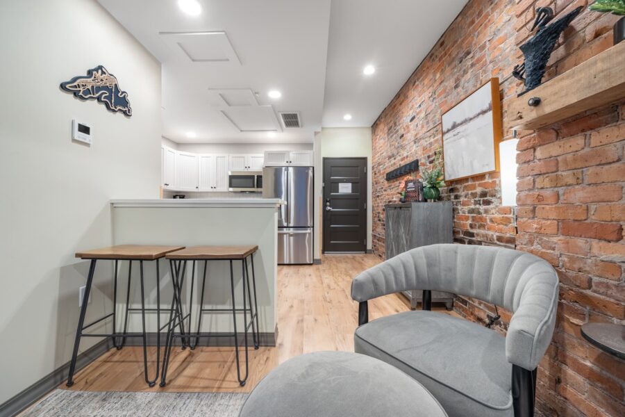 Duluth Rental Suite 301 - Hardwood floors, Lake Superior artwork and breakfast bar