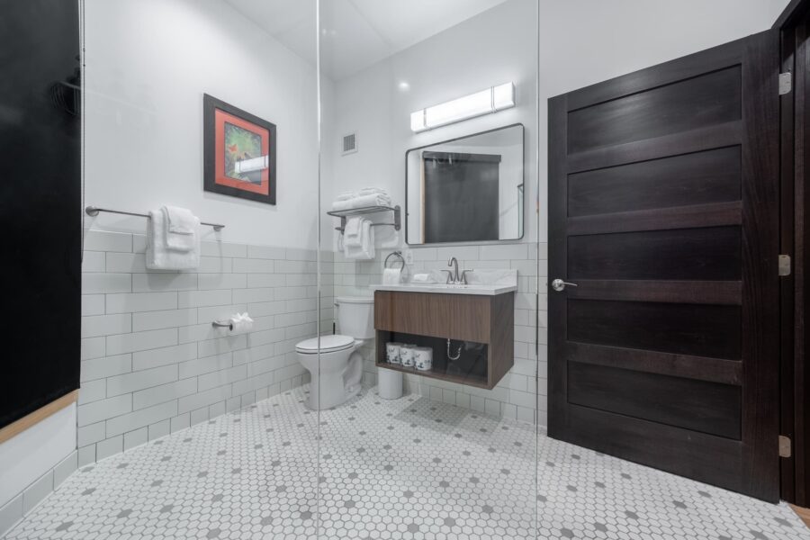 Duluth Rental Suite 301 - Full tiled bathroom with glass shower