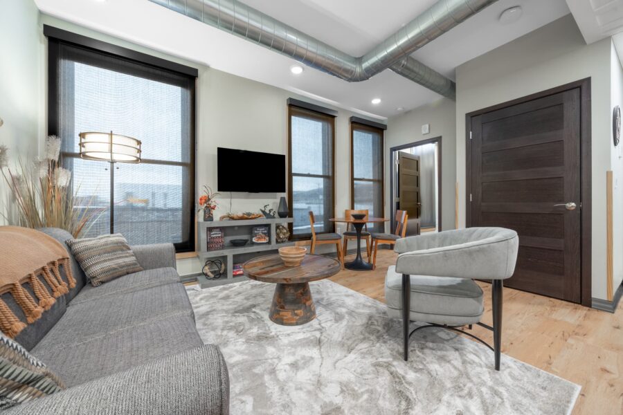 Duluth Rental Suite 302 - Living area with three windows