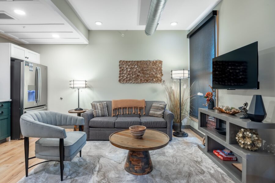 Duluth Rental Suite 302 - Living area with sofa, chair, plants, artwork and TV
